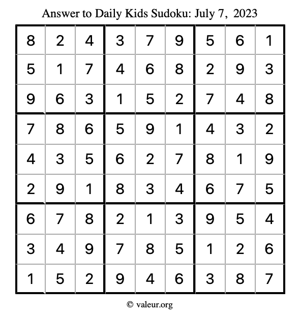 Answer to kids sudoku July 7, 2023