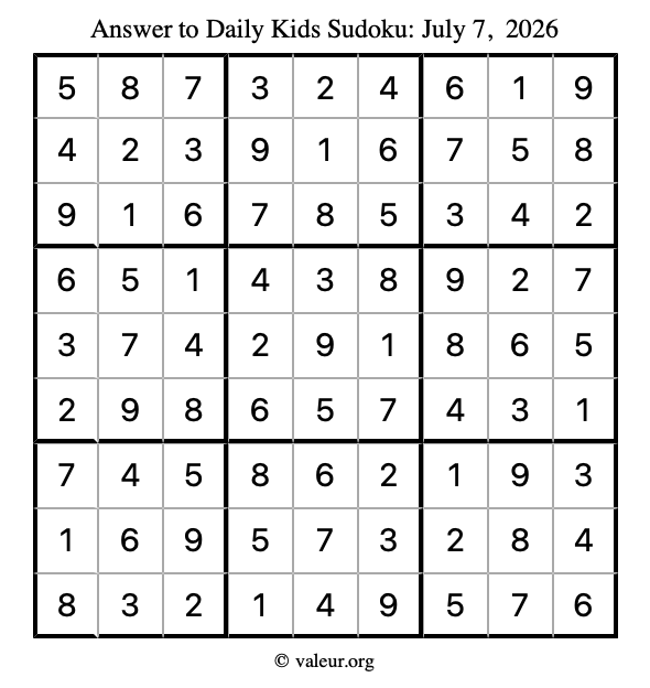 Answer to kids sudoku July 7, 2026