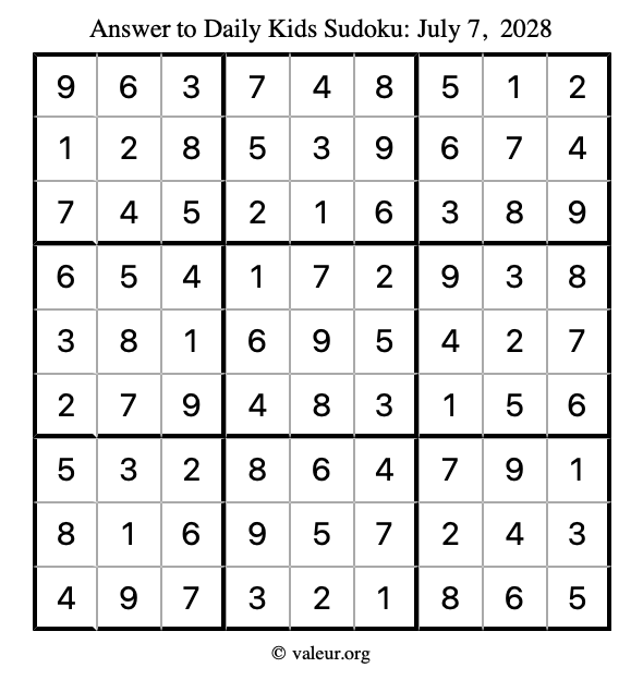 Answer to kids sudoku July 7, 2028