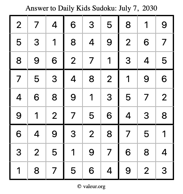 Answer to kids sudoku July 7, 2030