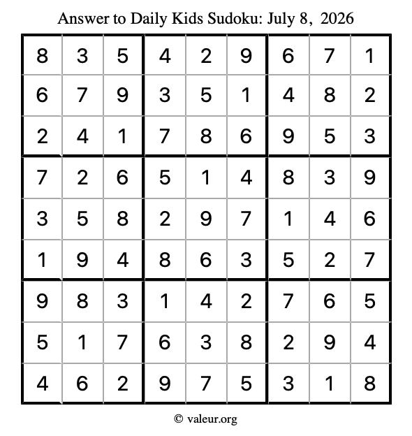 Answer to kids sudoku July 8, 2026