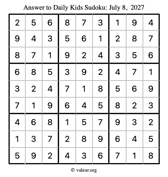 Answer to kids sudoku July 8, 2027