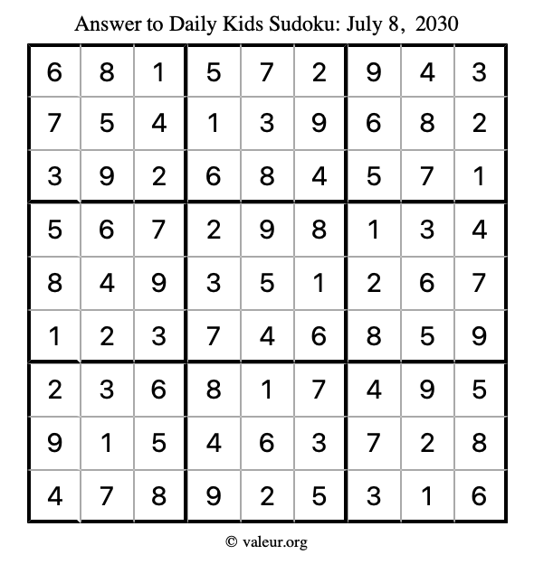 Answer to kids sudoku July 8, 2030