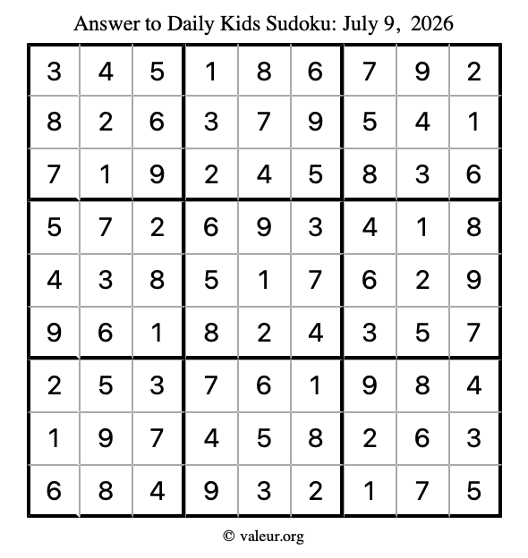 Answer to kids sudoku July 9, 2026