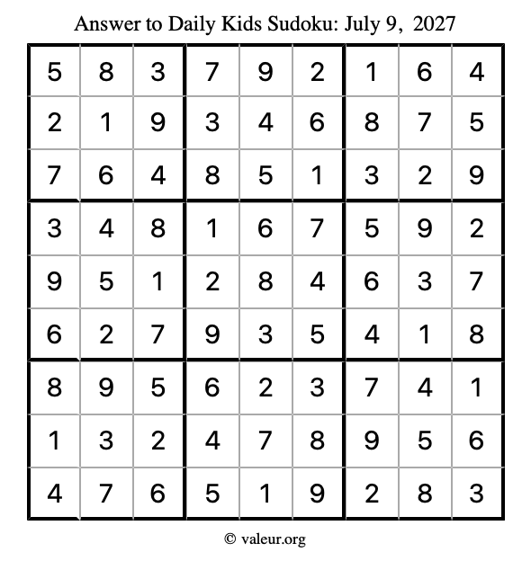 Answer to kids sudoku July 9, 2027
