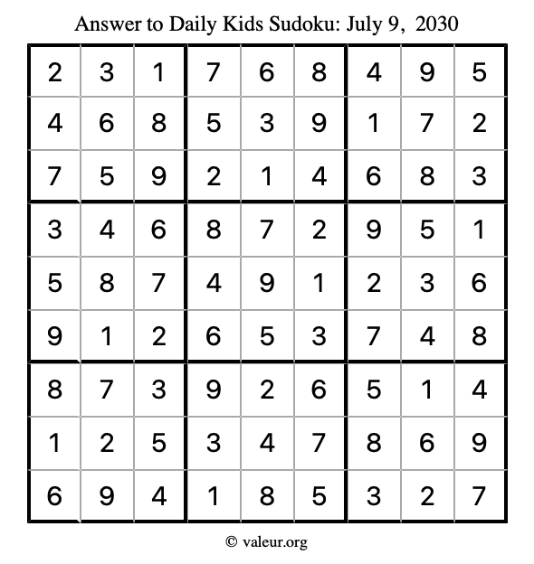 Answer to kids sudoku July 9, 2030