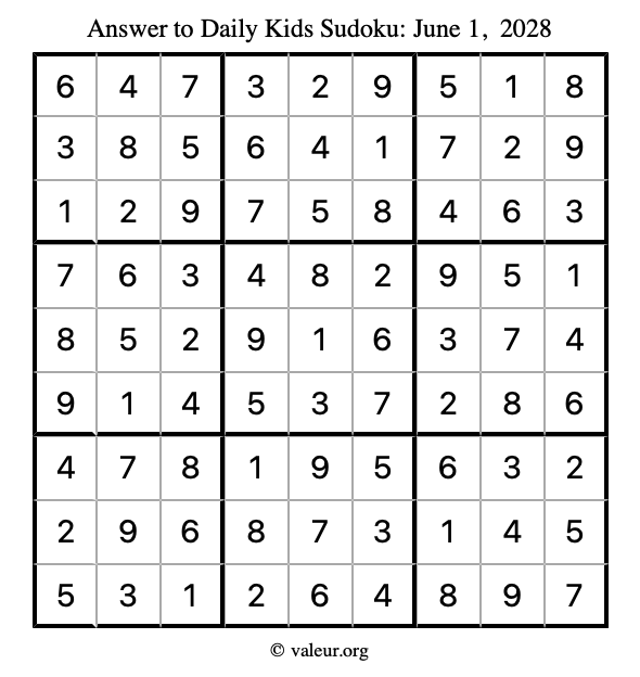 Answer to kids sudoku June 1, 2028