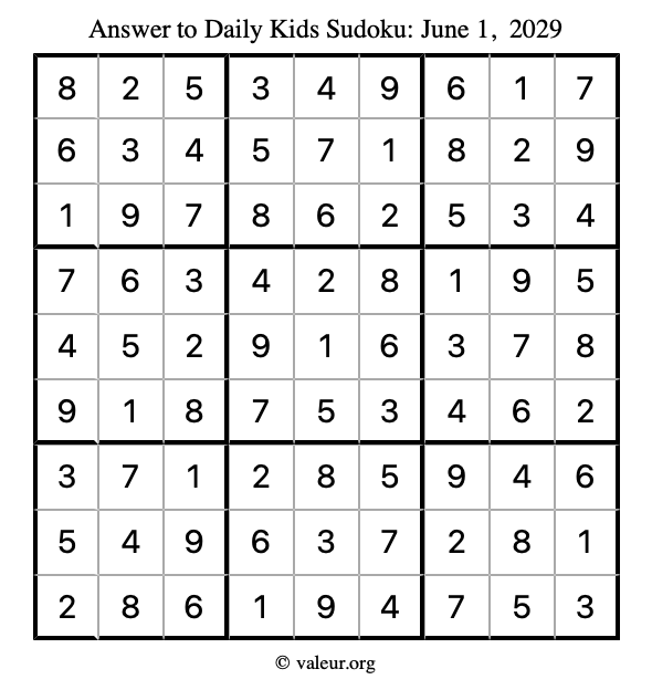 Answer to kids sudoku June 1, 2029