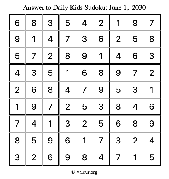 Answer to kids sudoku June 1, 2030