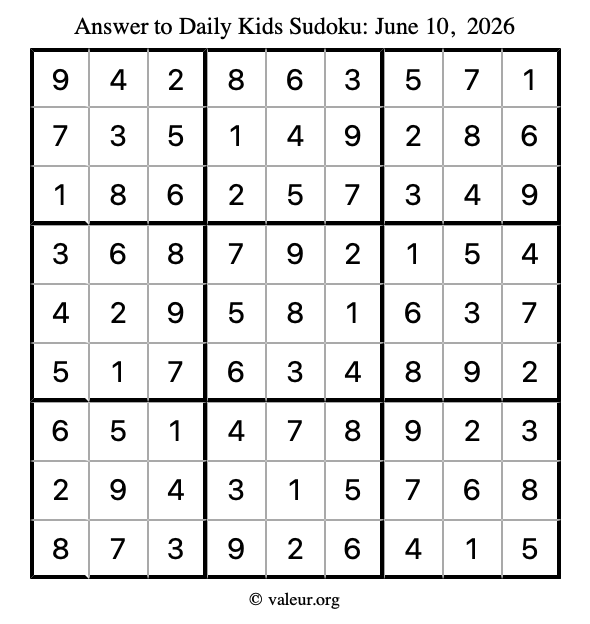 Answer to kids sudoku June 10, 2026