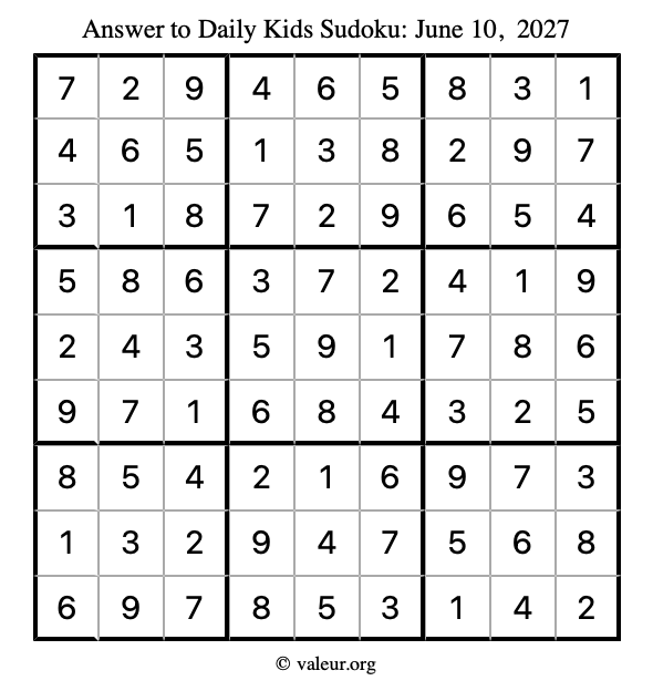 Answer to kids sudoku June 10, 2027