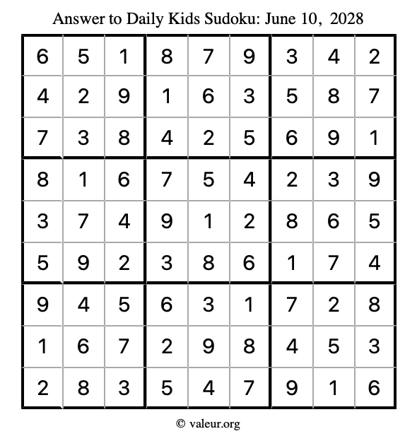 Answer to kids sudoku June 10, 2028