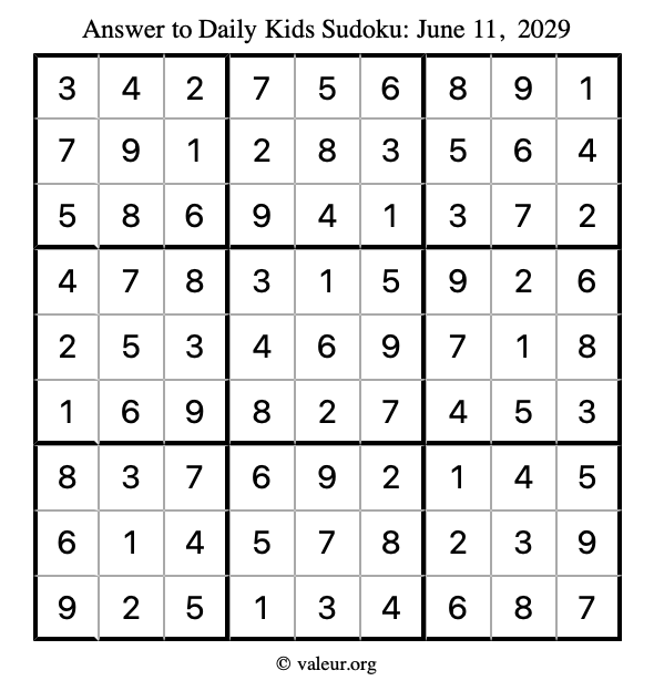 Answer to kids sudoku June 11, 2029