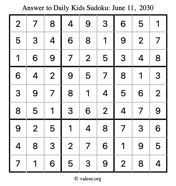 Answer to kids sudoku June 11, 2030