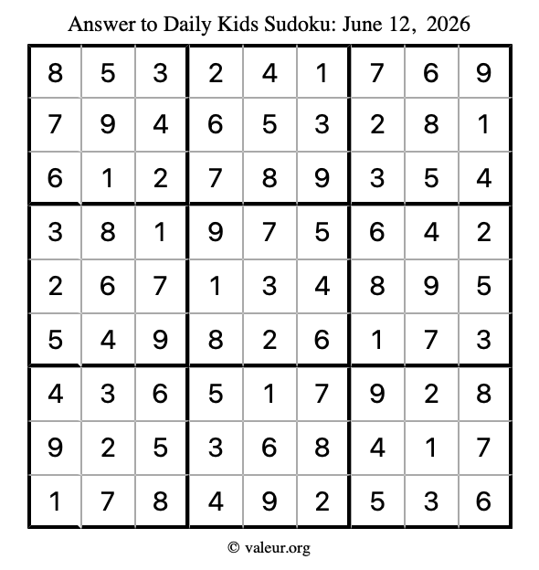 Answer to kids sudoku June 12, 2026