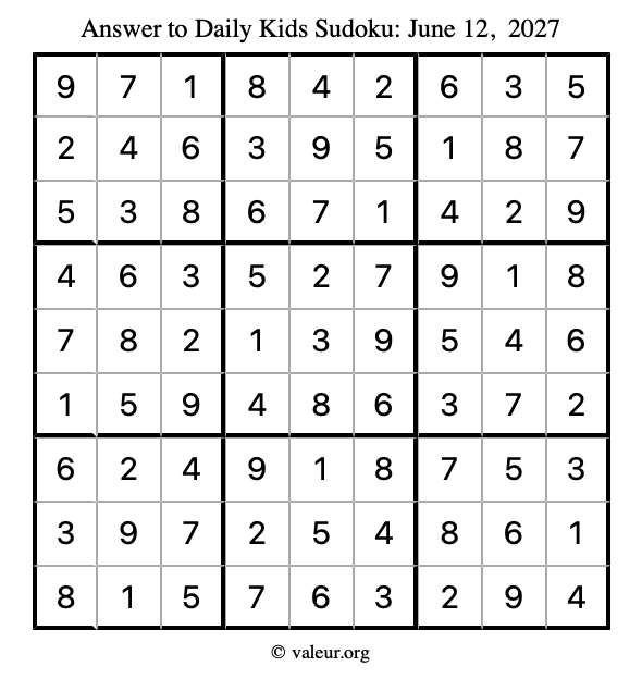 Answer to kids sudoku June 12, 2027