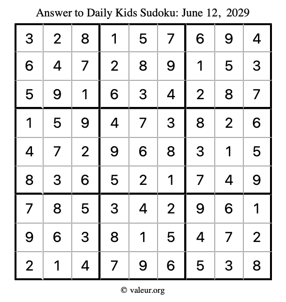 Answer to kids sudoku June 12, 2029