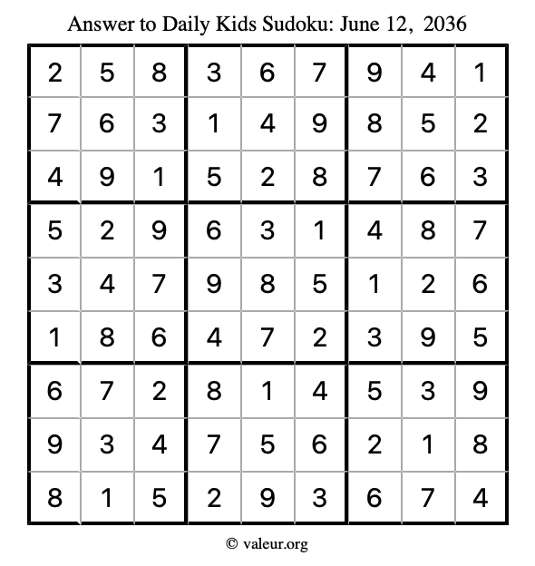 Answer to kids sudoku June 12, 2036