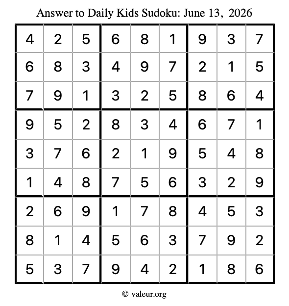 Answer to kids sudoku June 13, 2026