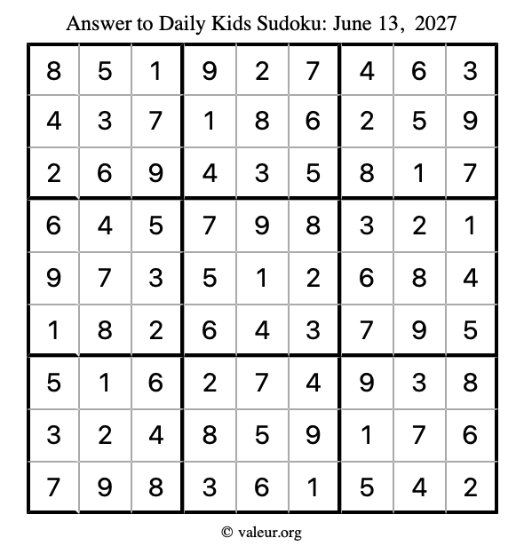 Answer to kids sudoku June 13, 2027