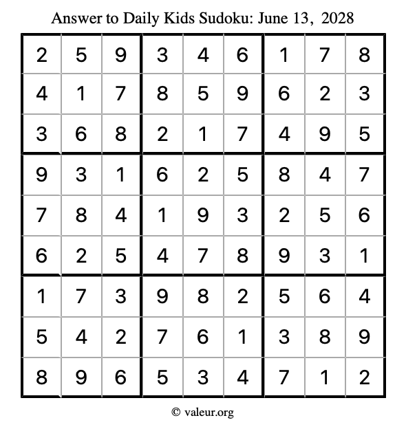 Answer to kids sudoku June 13, 2028