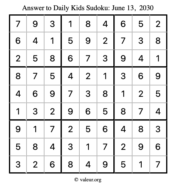 Answer to kids sudoku June 13, 2030