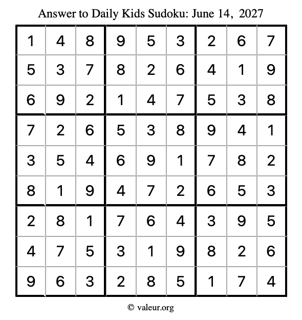 Answer to kids sudoku June 14, 2027