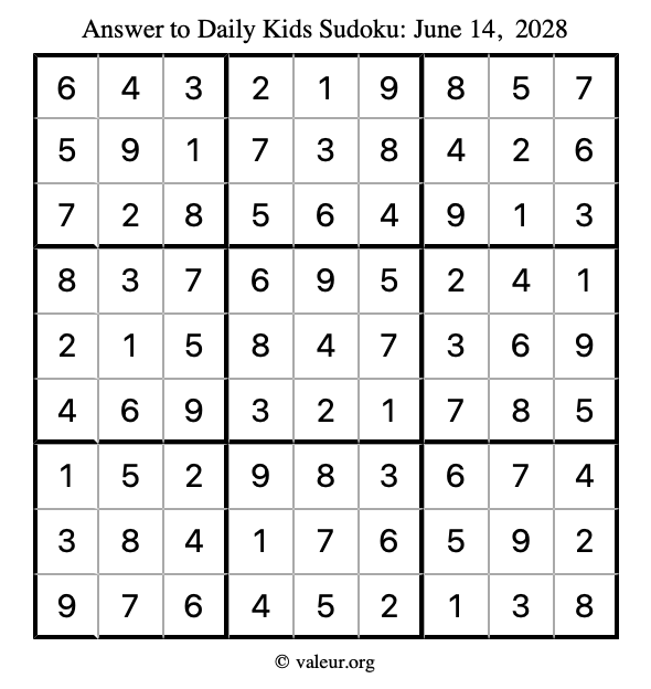 Answer to kids sudoku June 14, 2028