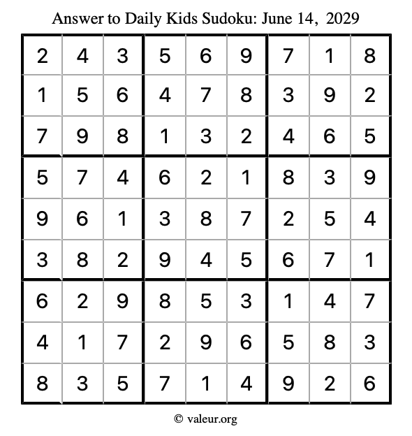 Answer to kids sudoku June 14, 2029