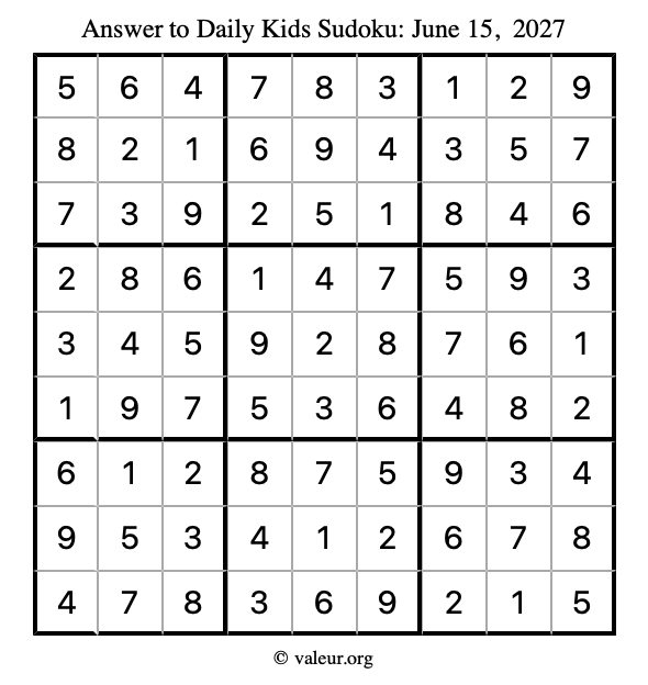 Answer to kids sudoku June 15, 2027