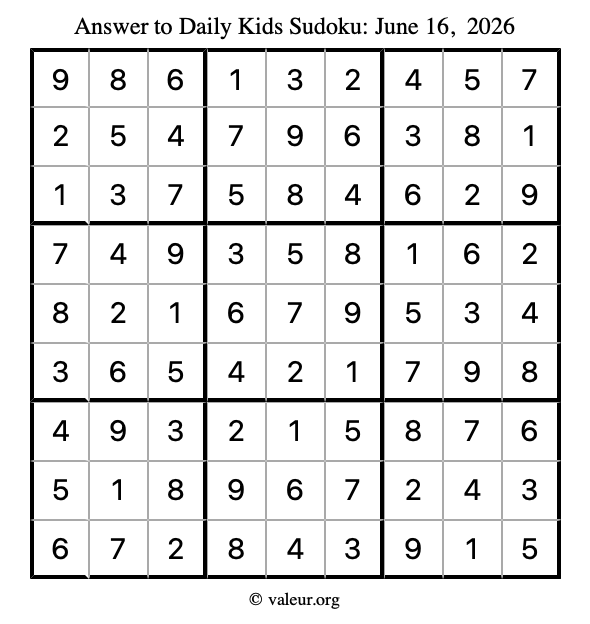 Answer to kids sudoku June 16, 2026