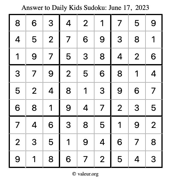 Answer to kids sudoku June 17, 2023