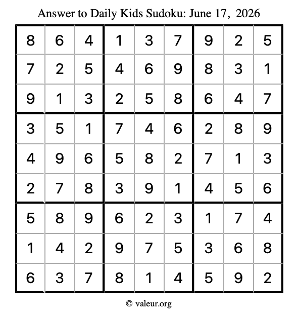 Answer to kids sudoku June 17, 2026