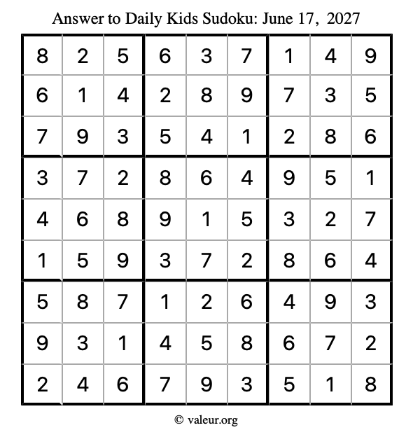 Answer to kids sudoku June 17, 2027