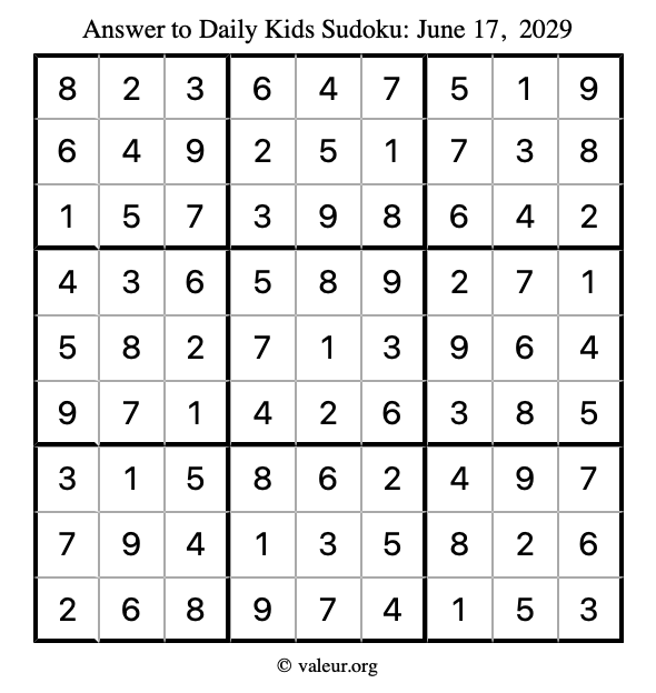 Answer to kids sudoku June 17, 2029