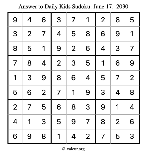 Answer to kids sudoku June 17, 2030