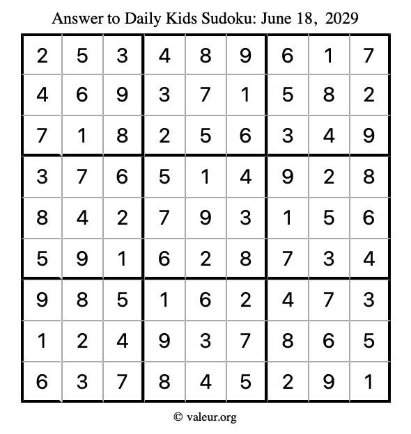 Answer to kids sudoku June 18, 2029