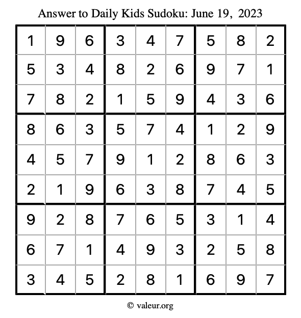 Answer to kids sudoku June 19, 2023