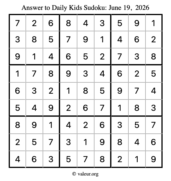 Answer to kids sudoku June 19, 2026