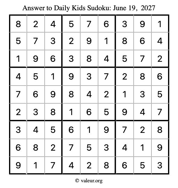 Answer to kids sudoku June 19, 2027