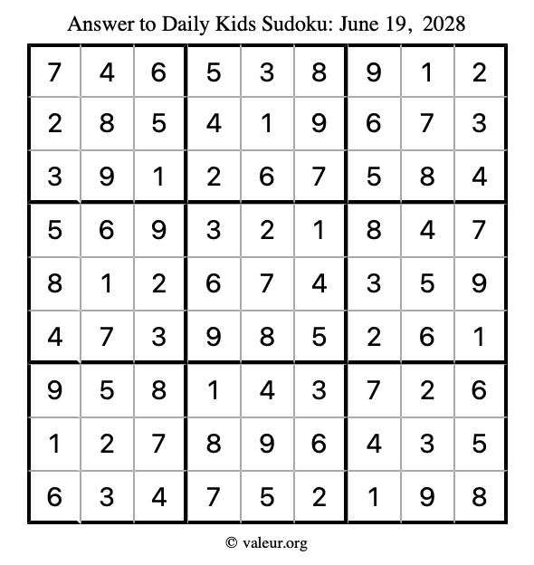 Answer to kids sudoku June 19, 2028