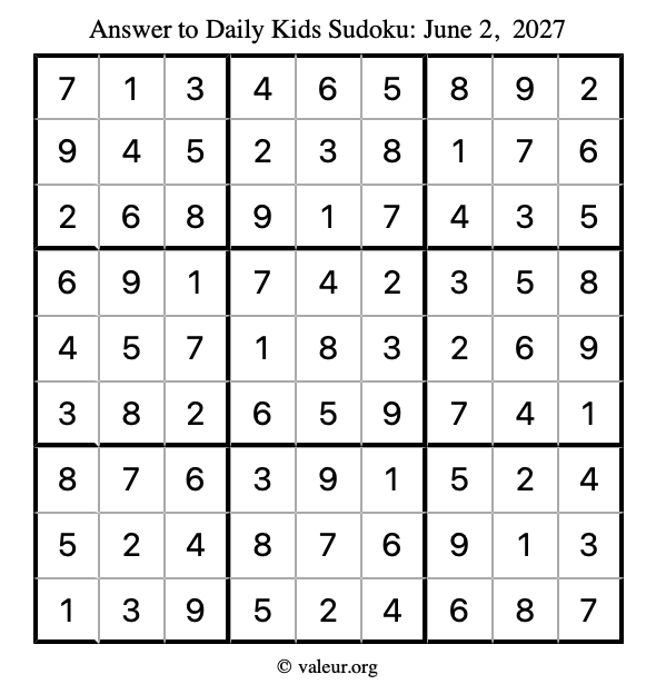 Answer to kids sudoku June 2, 2027