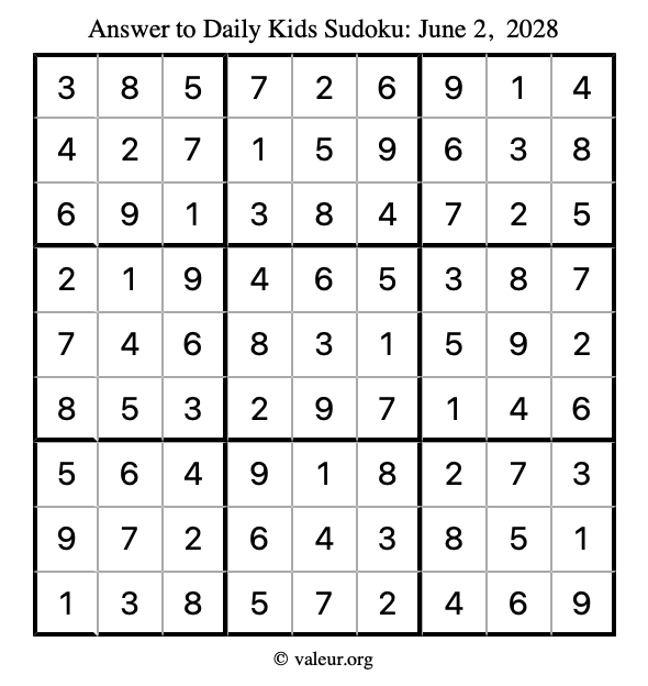 Answer to kids sudoku June 2, 2028