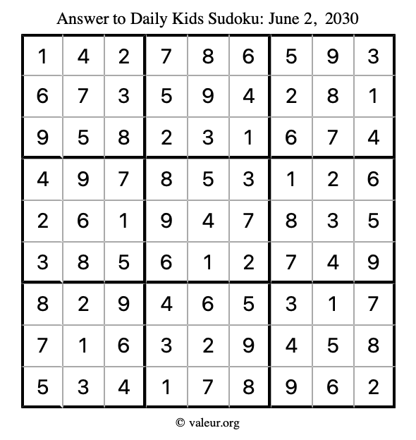 Answer to kids sudoku June 2, 2030