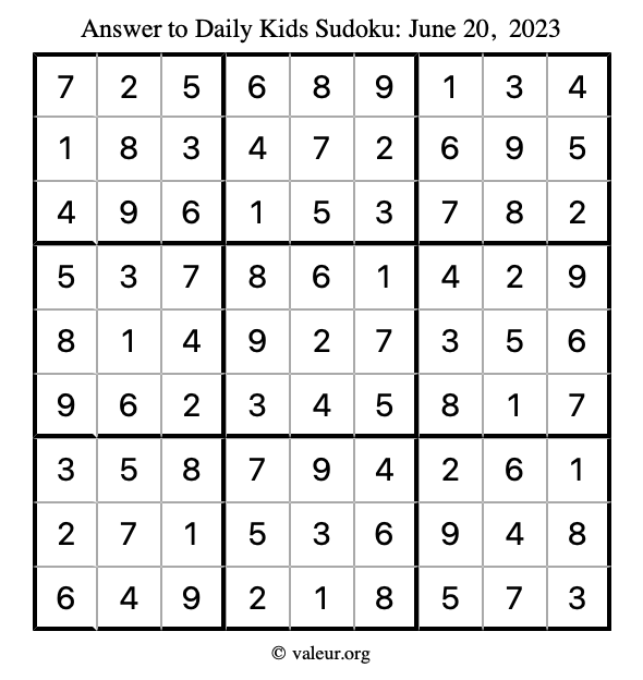 Answer to kids sudoku June 20, 2023