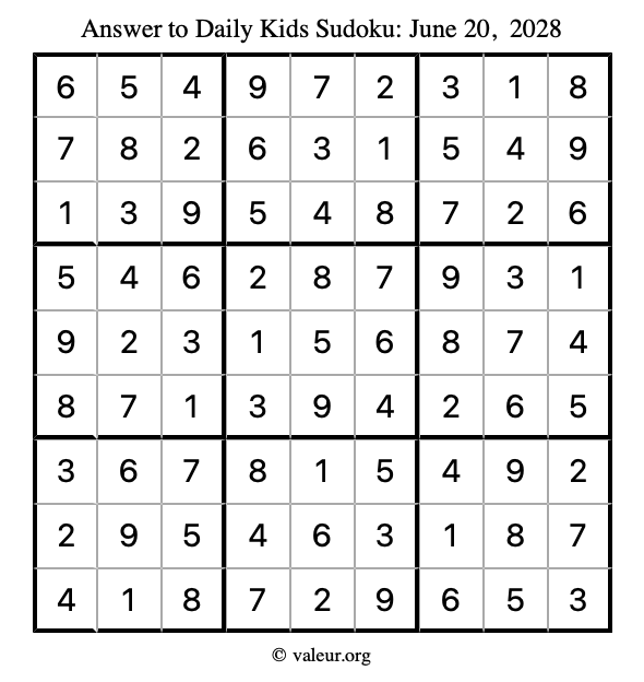 Answer to kids sudoku June 20, 2028