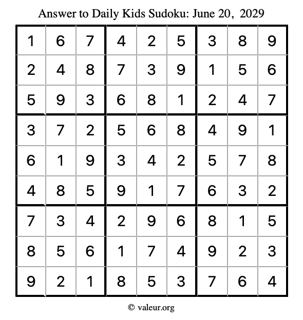 Answer to kids sudoku June 20, 2029