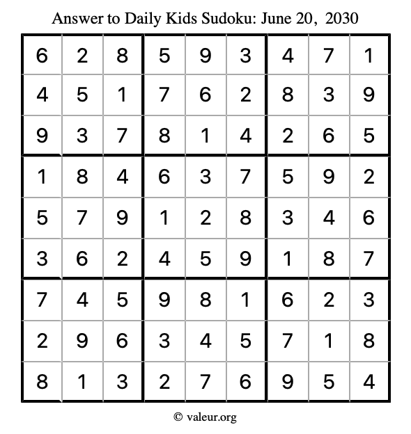 Answer to kids sudoku June 20, 2030
