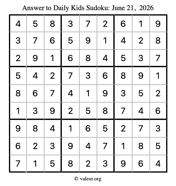 Answer to kids sudoku June 21, 2026