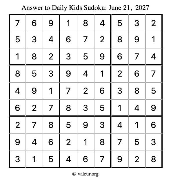 Answer to kids sudoku June 21, 2027